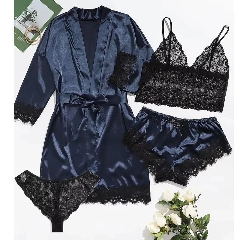 Womens Fashion Print Satin Pajama Set – Sexy Lace Trim Faux Silk Gown & Skin-Friendly Loungewear