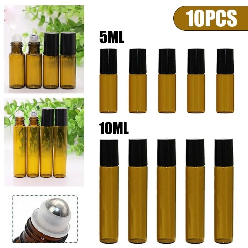 Amber Glass Roll On Bottle Set 10 Piece 5ml and 10ml Refillable Essential Oil Containers with Roller Ball