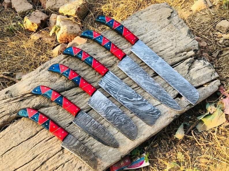 Damascus Chef Set Of 6 Pieces ,Custom Handmade Chef Set , Handmade Damascus Chef Set ,Personalized Gift For Mother ,