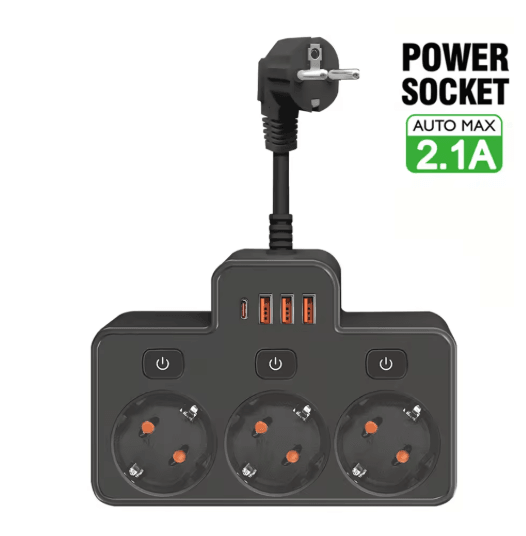 Wall-Mounted Power Strip with USB Surge Protected EU Plug Adapter with Individual Switches