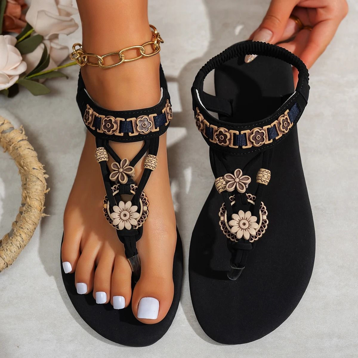 Womens Bohemian Style Elastic Flat Sandals with Round Toe