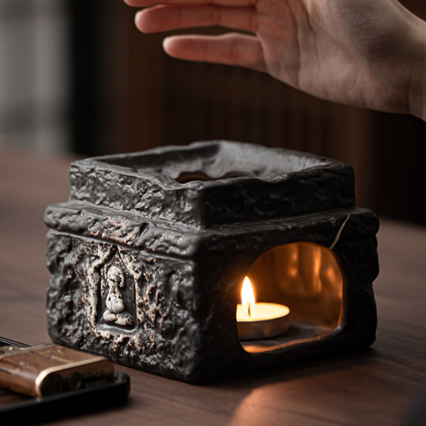 Buddha Tea Warmer Holder, Handmade Wabi Sabi Black Pottery, Kettle Stand, Carbon Furnace Tea Set, Candle Heater