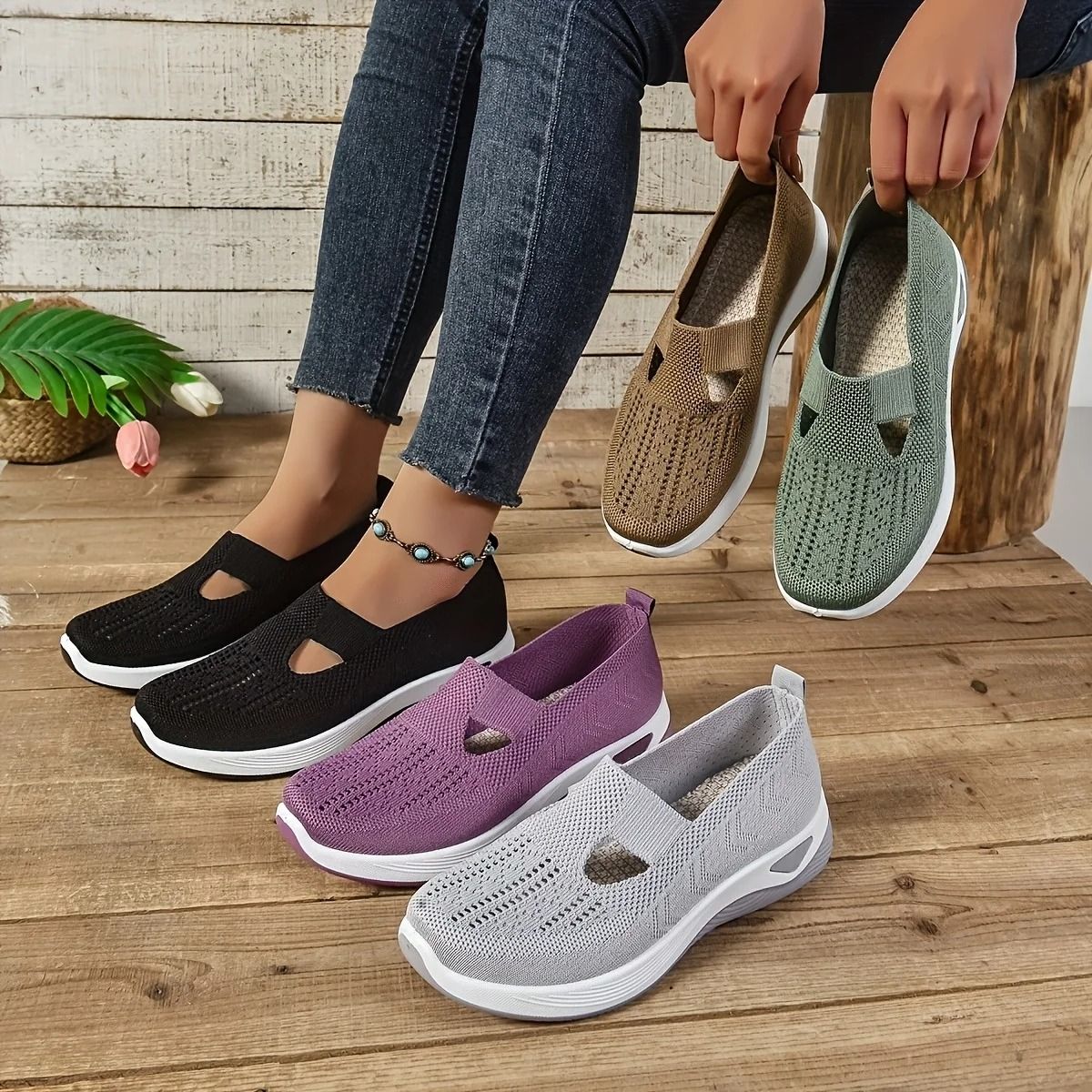 Womens Breathable Mesh Walking Shoes with Lightweight PVC Sole