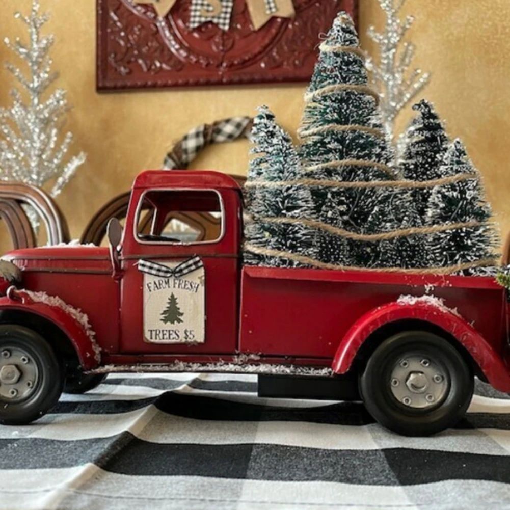 Retro Red Truck Christmas Table Ornament with Mini Tree – Vintage Holiday Metal Decoration