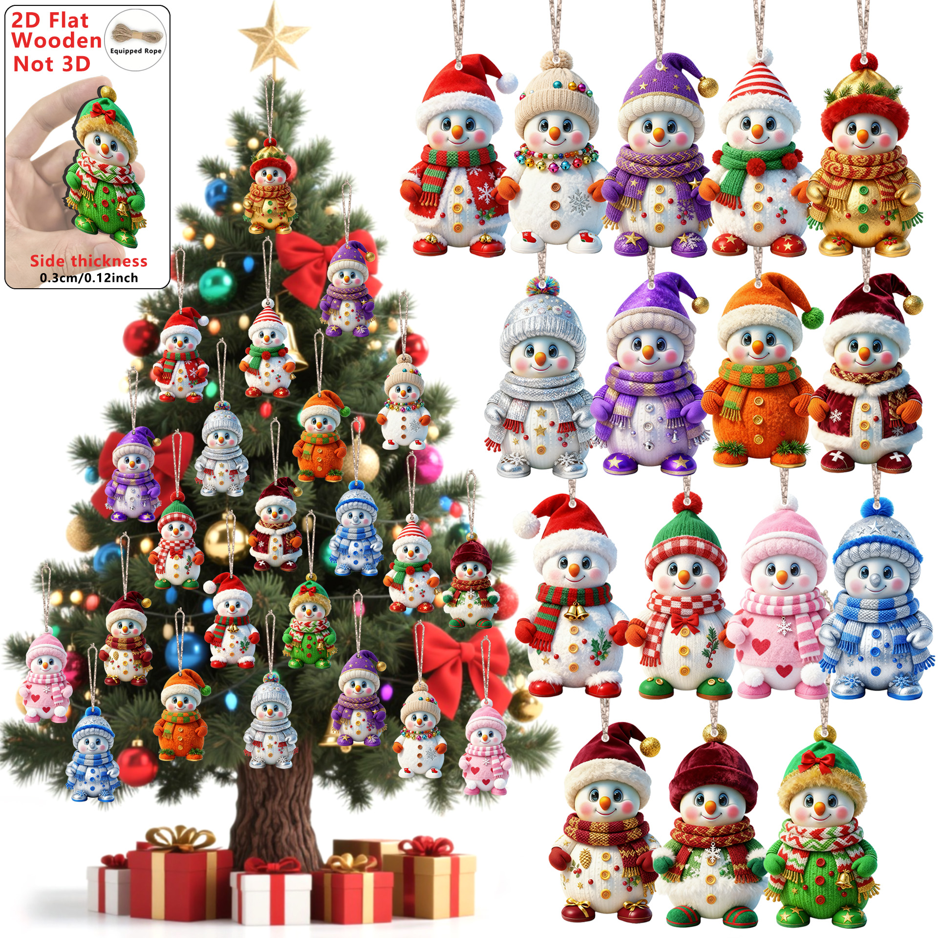 Wood Cartoon Xmas Tree Hanging Ornament Cute Christmas Snowman Pendants