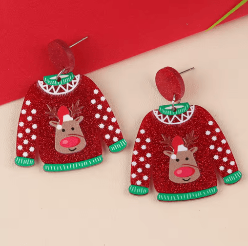 Festive Christmas Sweater Earrings Acrylic Santa and Snowflake Holiday Dangle Earrings