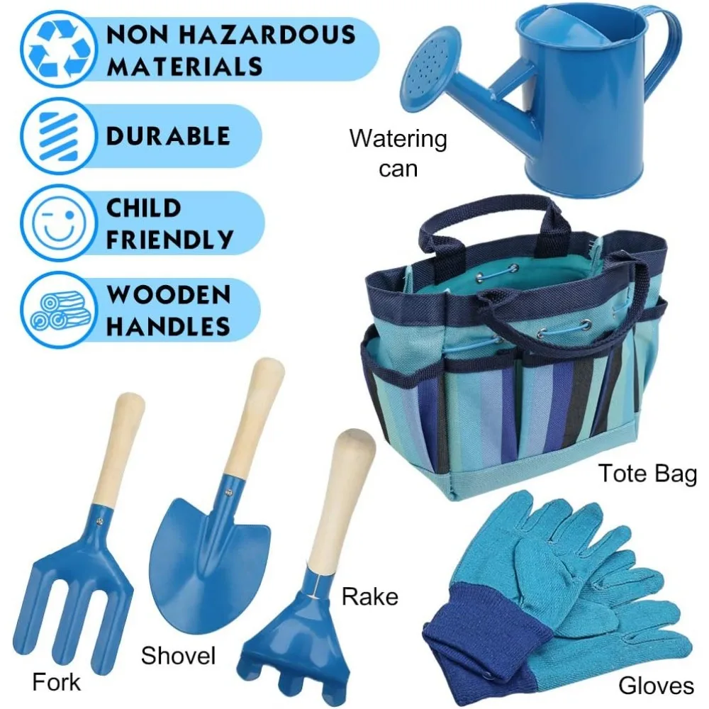 Gardening Tool Set for Kids, Shovel, Rake, Fork, Trowel, Gloves, Watering Can, Tote Bag, Outdoor Gardening Toys for Boys