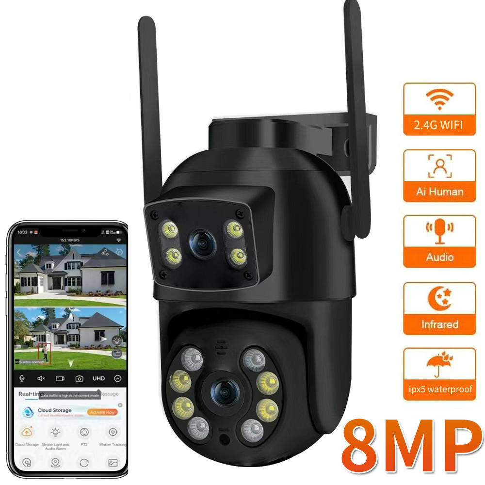 Dual Lens AI Human Detection 8MP 4K PTZ WiFi Camera, Wireless Outdoor IP
