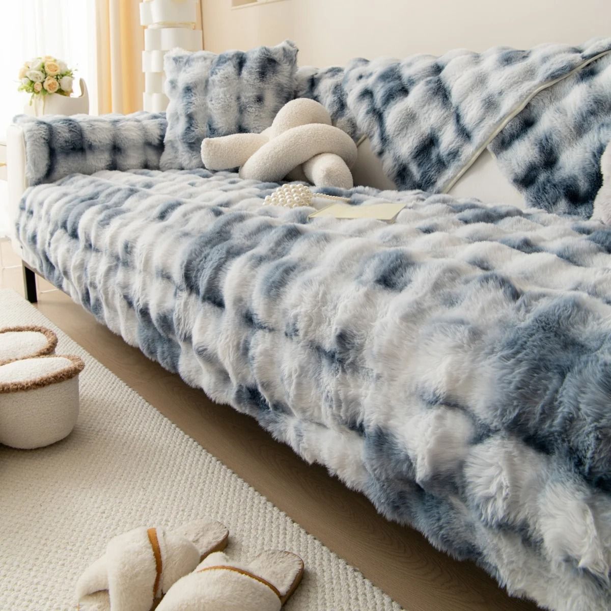 Thick faux rabbit fur sofa slipcover non slip plush couch cushion cover
