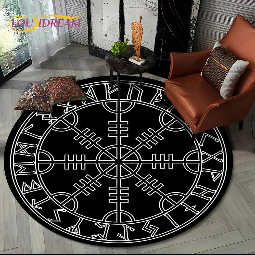Viking Yggdrasil Tree of Life Round Living Room Rug with Non-Slip Backing
