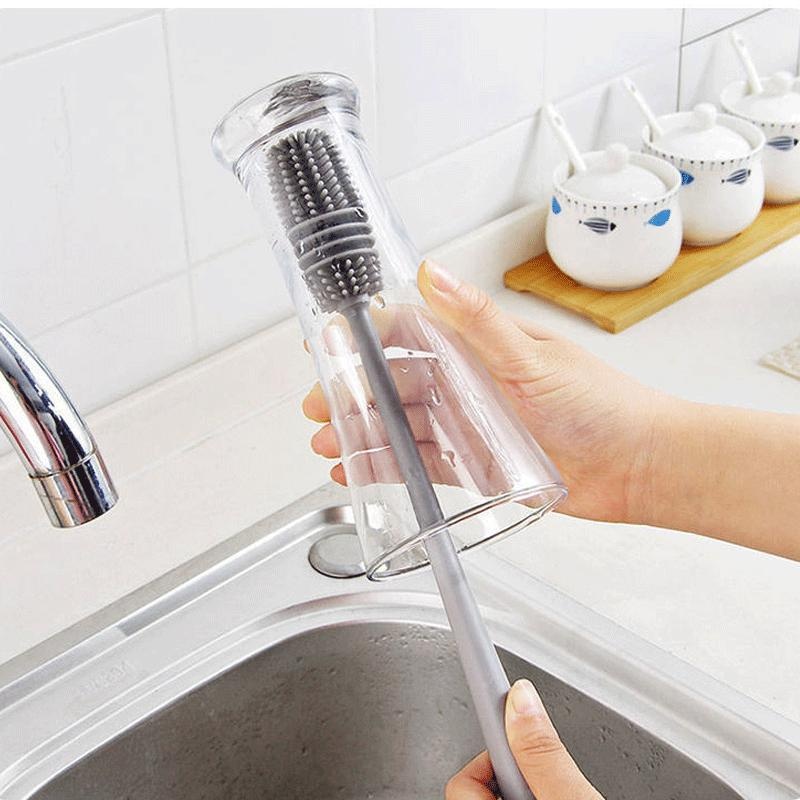 Silicone Drink Bottle Glass Cup Cleaning Brush, Long Handle Scrubber, Kitchen Cleaning Tool