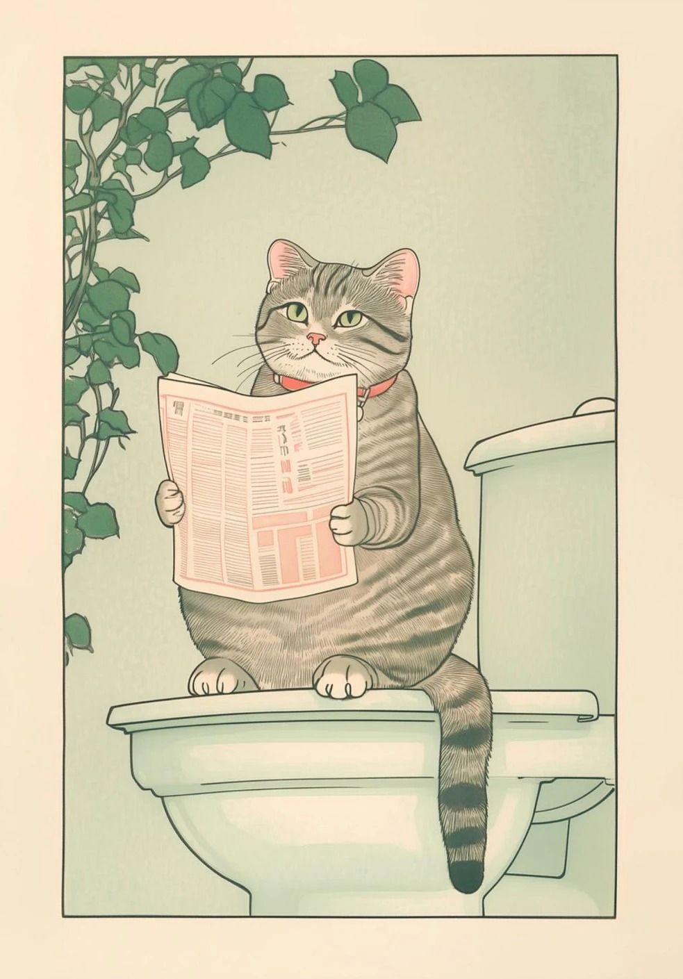 Japanese Tabby Cat in Bathtub | Retro Aesthetic Japandi Canvas Art