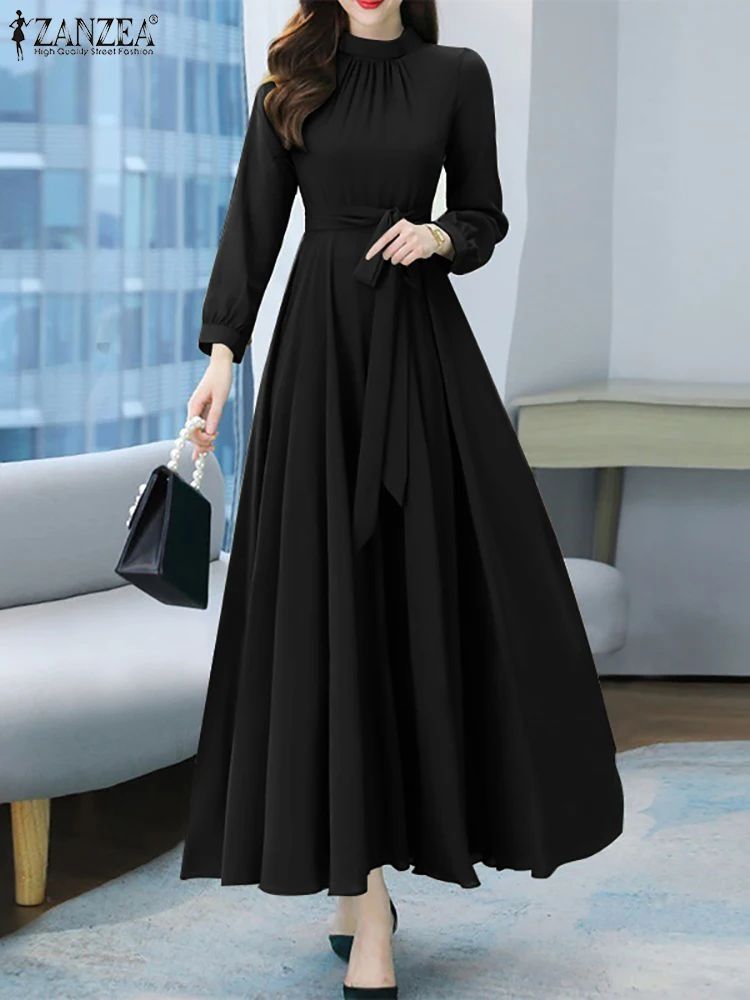 ZANZEA Vintage A-Line Maxi Dress – Long Sleeve Boho Sundress for Spring & Fall