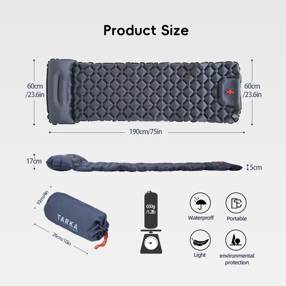 TARKA Inflatable Camping Mat with Pillow Outdoor Sleeping Pad for Hiking and Climbing