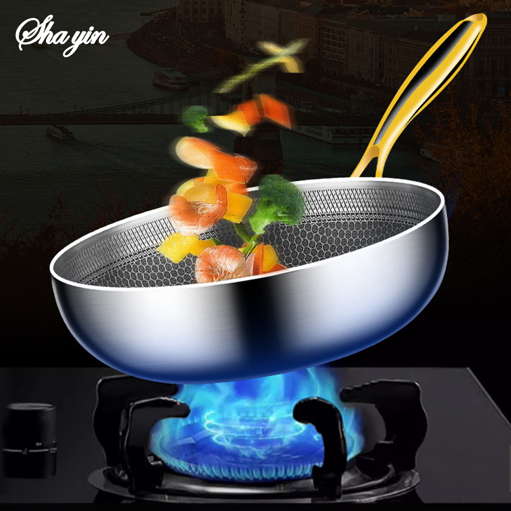 Stainless Steel Frying Pan Wok, Non-stick Cooking Pot, Honeycomb Steak Pan, Gas Stove Induction-Compatible Kitchen Cook