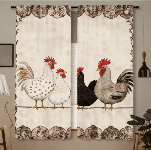 2-Piece Cafe Curtains Kitchen Window Retro Polka Dot Chicken Print Panels