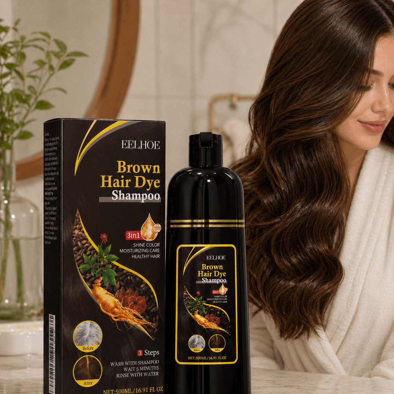 Brown Hair Dyeing Shampoo, Lasting Coloring, Deeply Nourishing Formula to Reduce Breakage, Promote Scalp Health