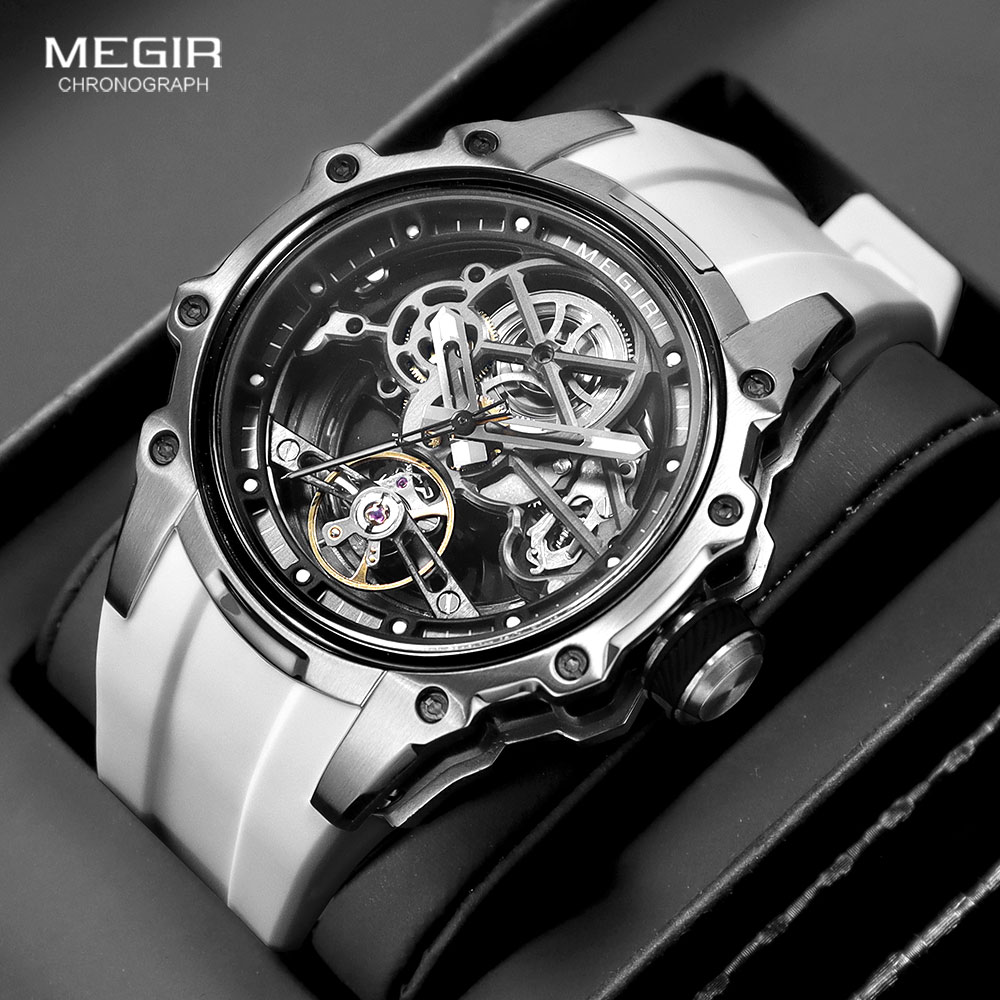 Automatic Mechanical Watch Men Skeleton Dial, Waterproof Sport Wristwatch, Stainless Steel Case, Silicone Strap