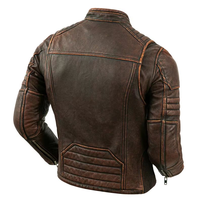 Men's Genuine Leather Motorcycle Jacket – Retro Brown Cowhide Stand Collar Biker Jacket