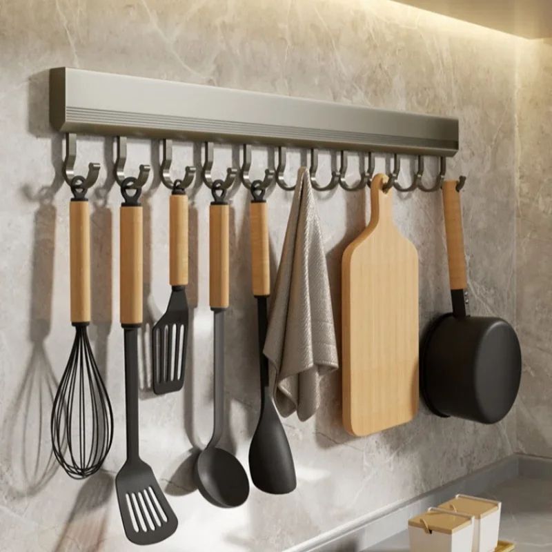 Aluminum Alloy Wall Mounted Utensil Rack with Adjustable Hooks, Drill-Free Storage Solution for Kitchen & Bathroom