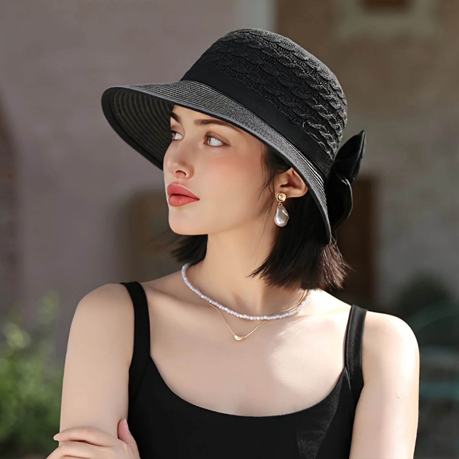 Summer Beach Straw Sun Hat with French Bowknot, Breathable Elegant Wide Brim Hat for Travel, Outdoor & Photography