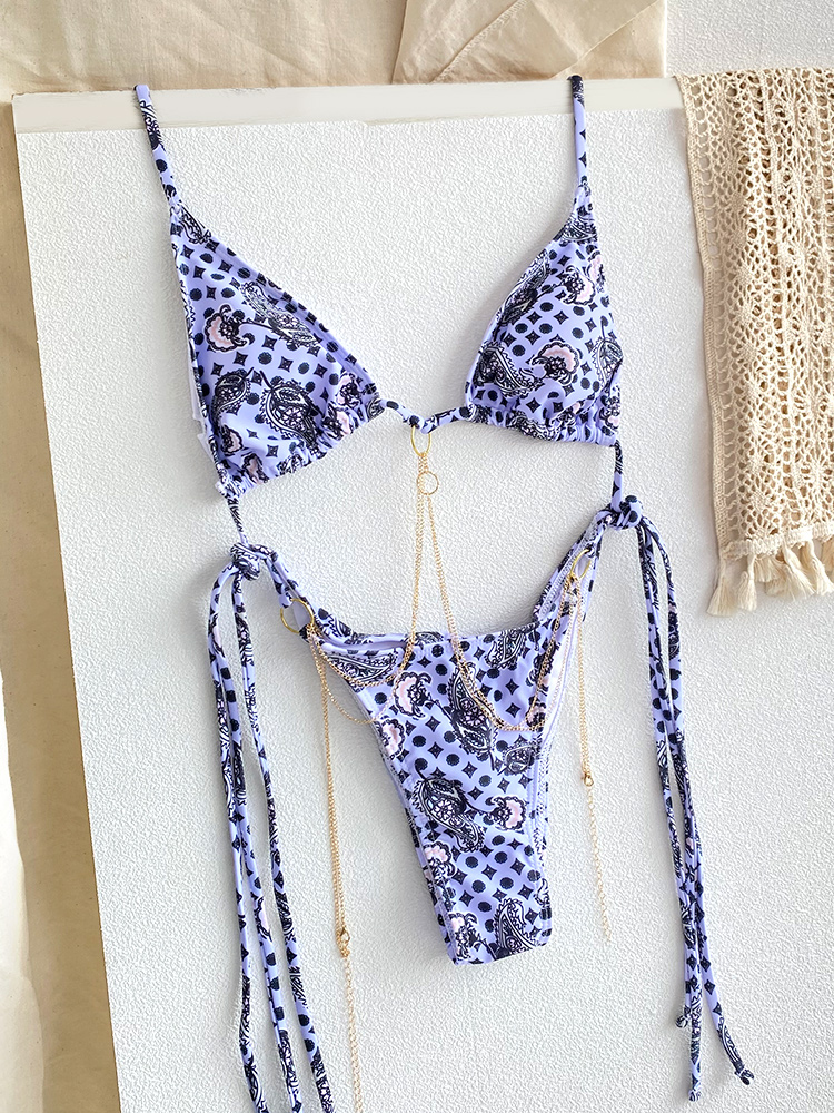 Sexy Triangle Chains Bikini Set with Micro Thongs, Bandage-Style Swimwear for Women Beachwear Print Thong Bikini