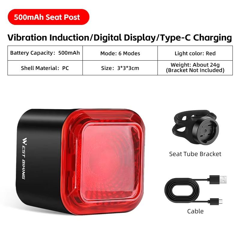 WEST BIKING Smart Bike Tail Light – Brake Sensing Rear Light with Digital Power Display & Auto On/Off