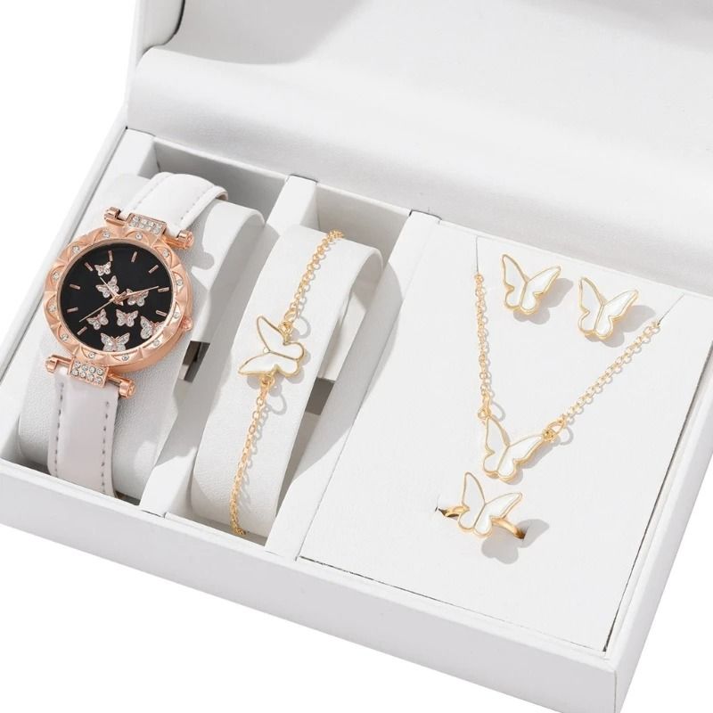 Butterfly Jewelry Set Fashion Women's Quartz Watch, Leather Band, Necklace, Earrings, Bracelet, and Adjustable Ring
