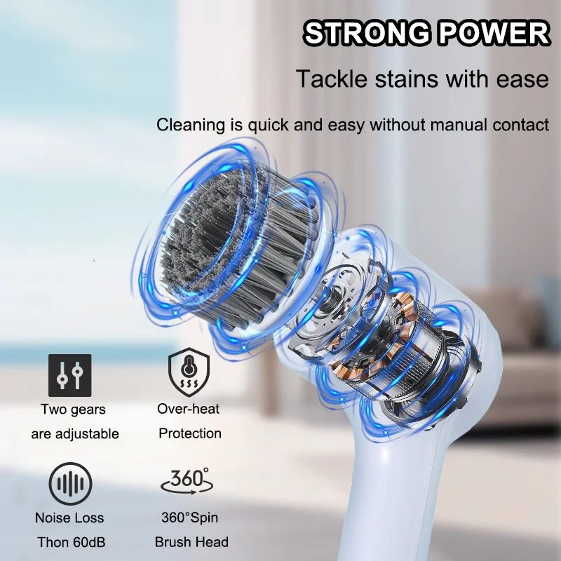 Cordless Electric Spin Scrubber with 5 Brush Heads – USB Rechargeable Rotary Cleaning Brush for Bathroom, Kitchen & Tile