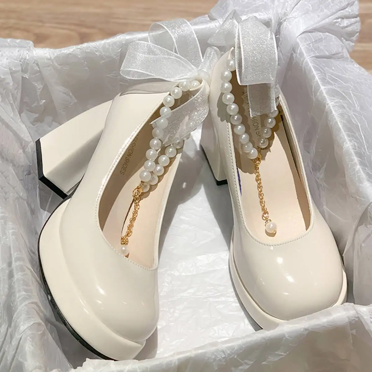 Elegant Bow Square Toe Women Mary Jane Shoes, Luxury Women High Heels Pearl Lace Party Wedding Style