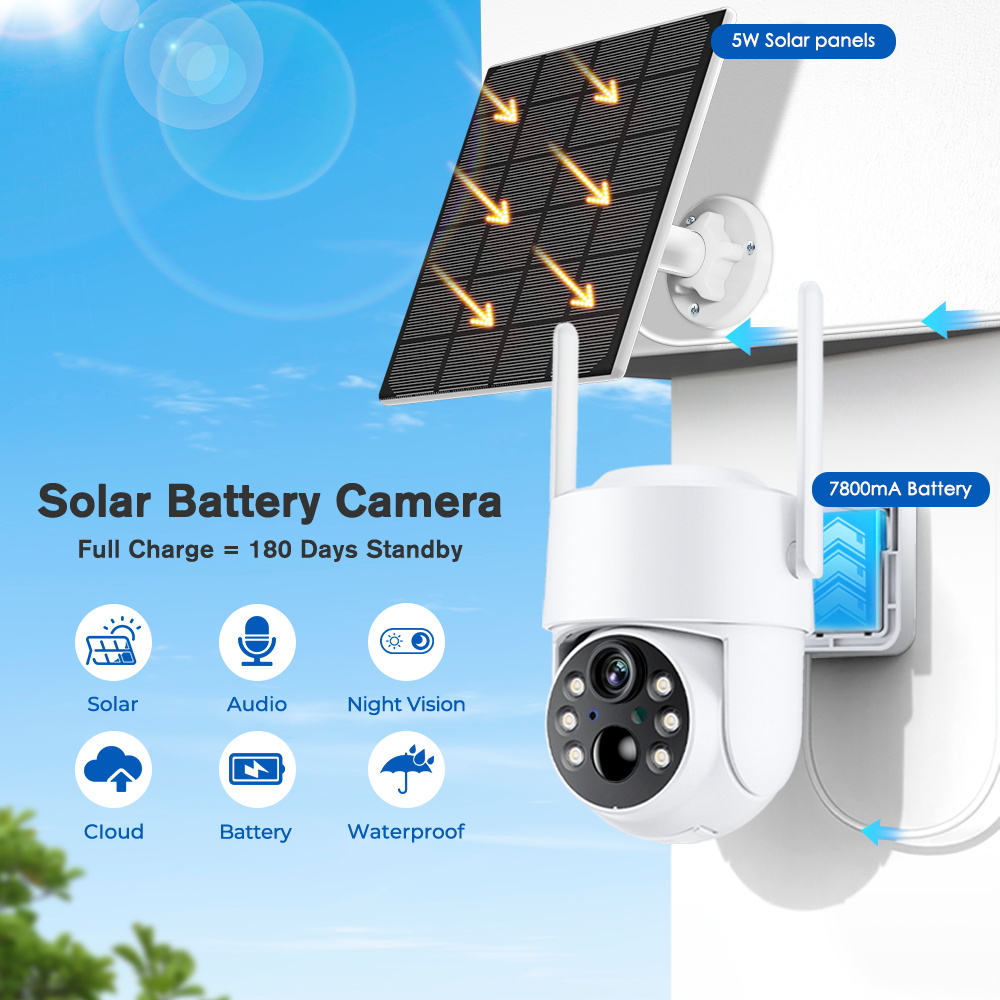 Outdoor WiFi PTZ Camera, HD Wireless Solar IP Camera, Built-in Battery, Long Time Standby