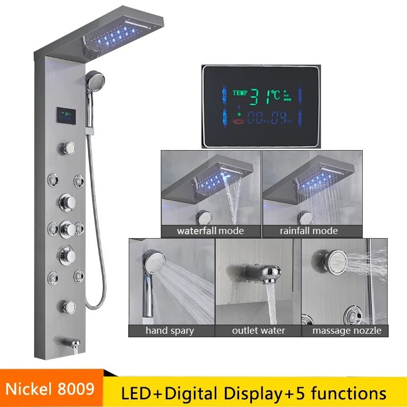 LED Rainfall Shower Panel with Digital Display and Massage Jets