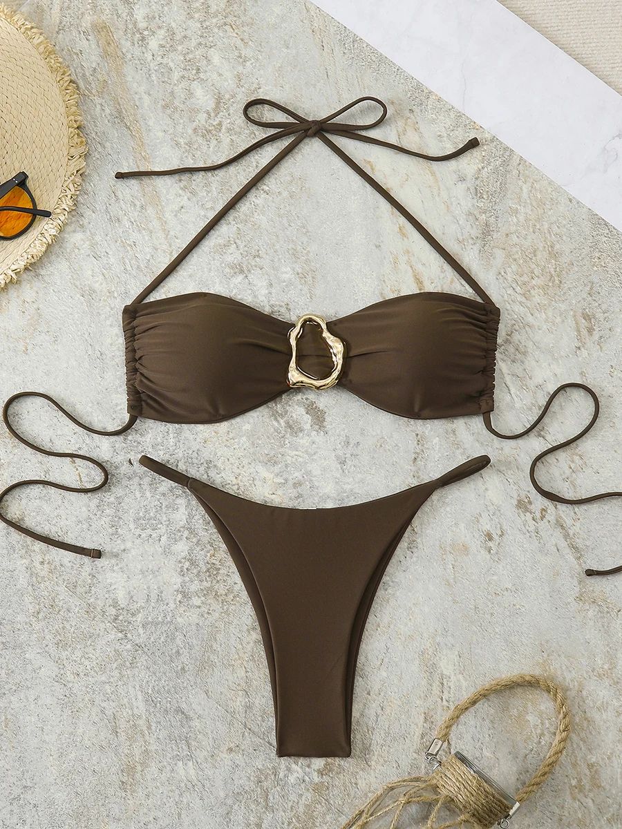 Sexy Bandeau Push-Up Thong Bikini Set Womens Two-Piece Swimwear