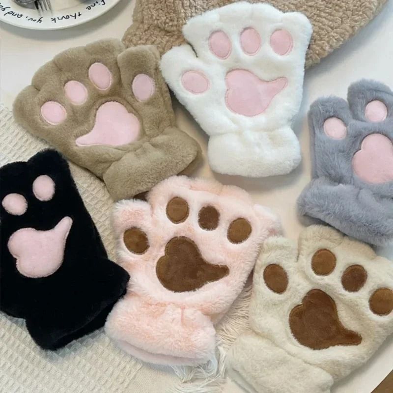 Cute Plush Cat Paw Gloves Fingerless Fluffy Claw Mittens for Cosplay & Winter Warmth