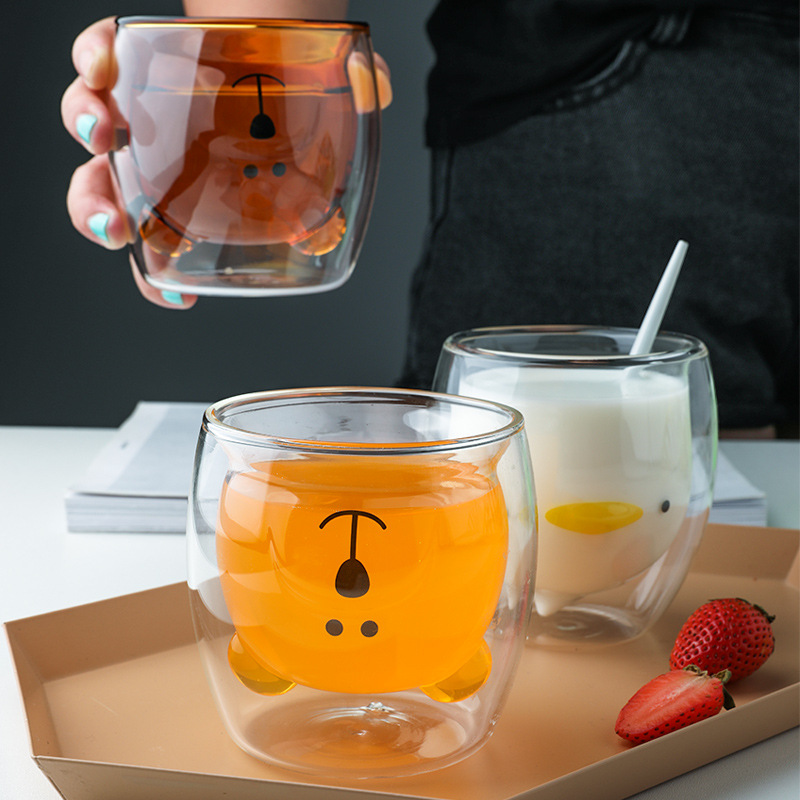Creative Animal Glass Cup, Double Wall Insulated Mug, Bear Cat Dog Coffee Cup, Milk Juice Cup, Birthday Christmas Gift