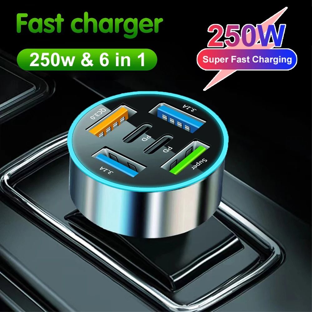 Car Charger Adapter 6 Port Fast Charging PD and QC3.0 with Digital Display