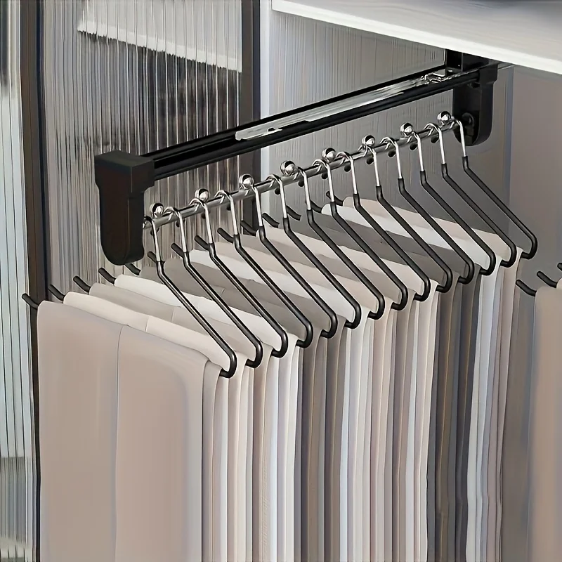 Pull Out Clothes Storage Rod, Adjustable Foldable Hanging Rail, Space Saving Organizer for Wardrobes, Metal Drying Racks