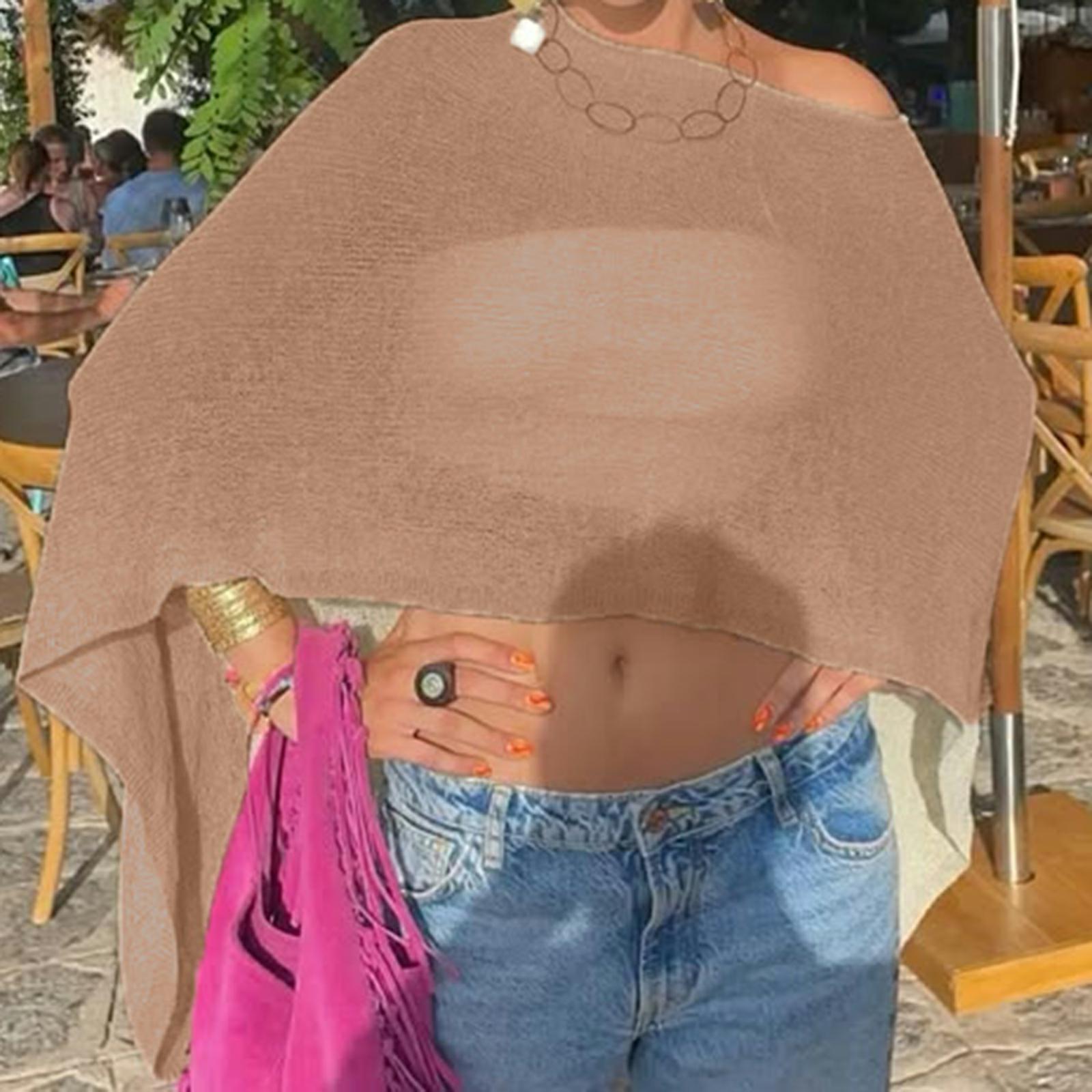 Summer Beach Tops, Women Knitwear Bikini Cover-up, Off Shoulder Irregular Triangle Hem Loose Pullover