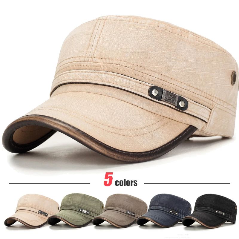 Distressed Washed Cotton Cadet Flat Cap with Leather Binding