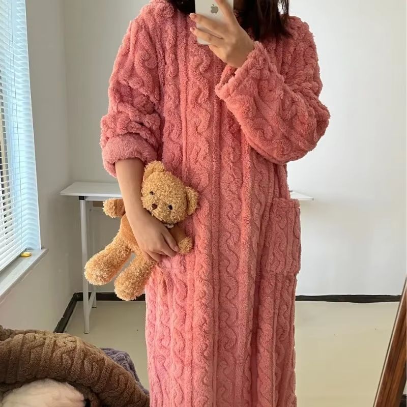Women's Winter Coral Velvet Jacquard Sleepwear Gown Warm Loungewear