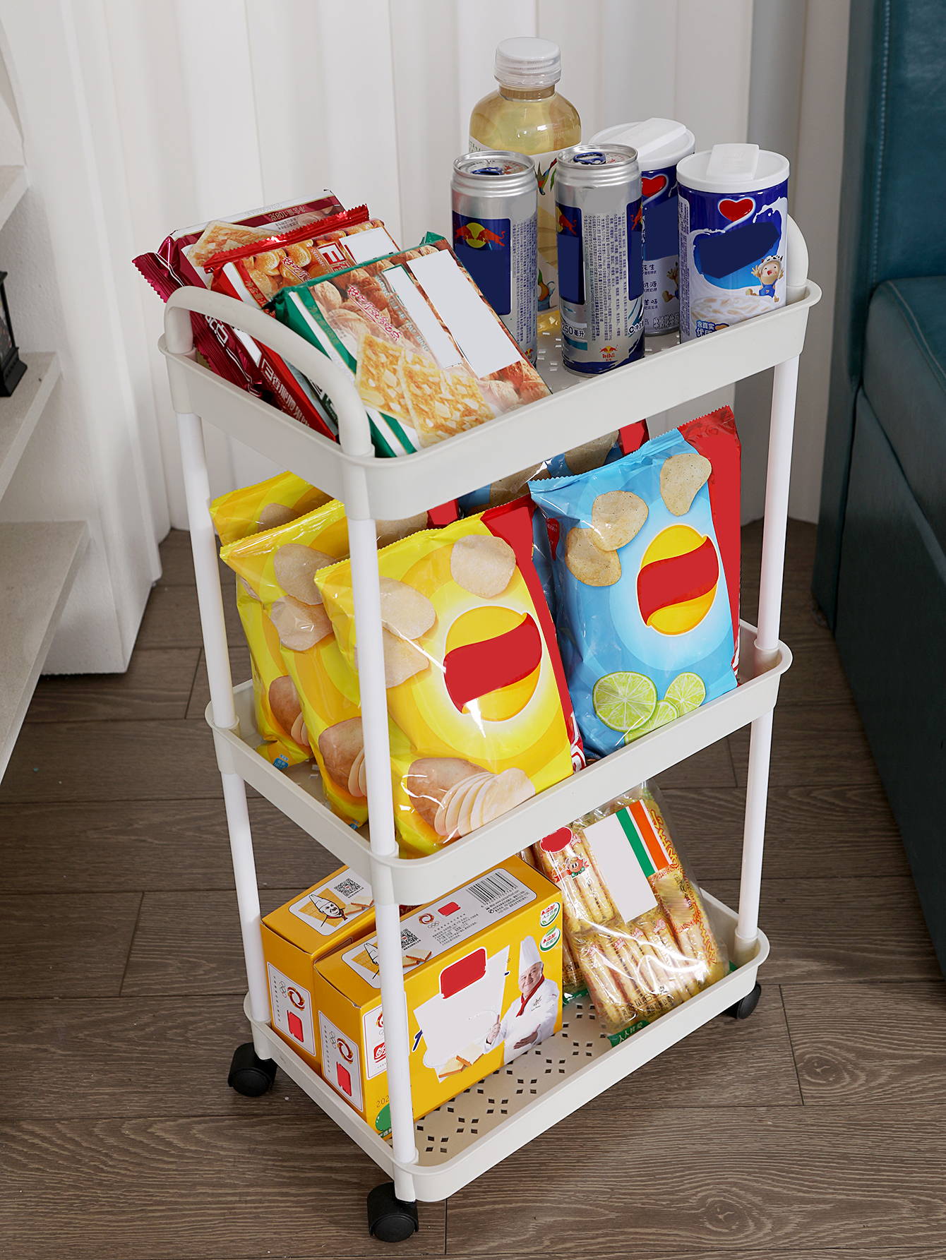 Plastic Rolling Utility Cart with Handle, Storage Trolley for Kitchen, Office, Living Room, Movable Storage Organizer