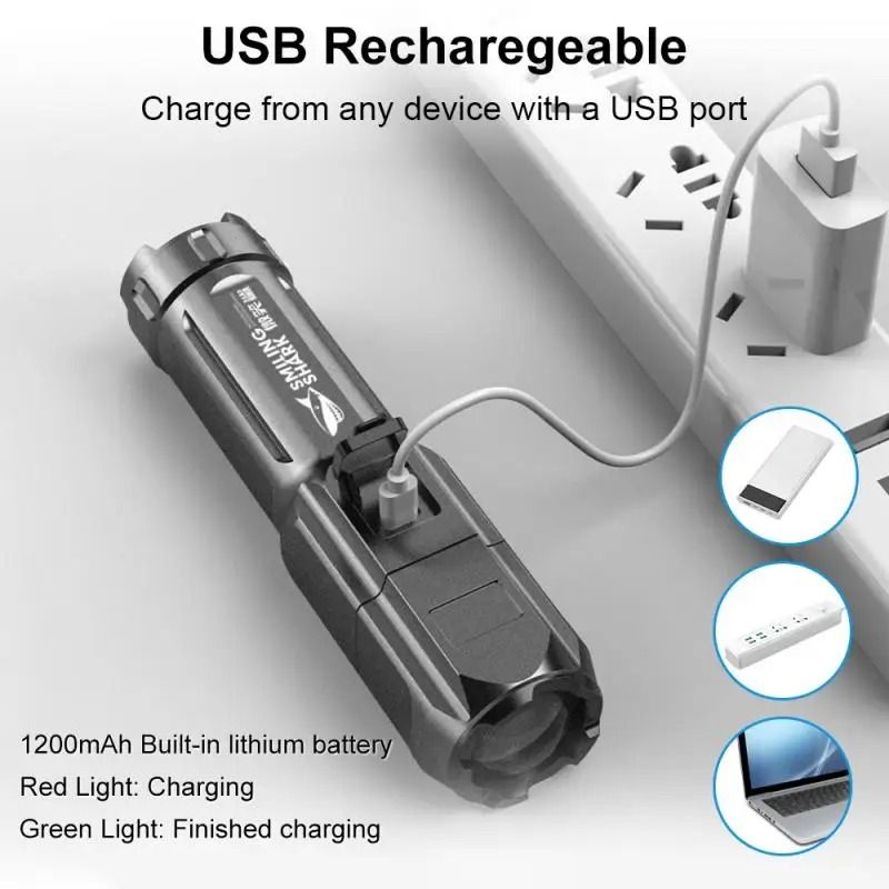 Rechargeable LED Flashlight with Zoom and Waterproof Design
