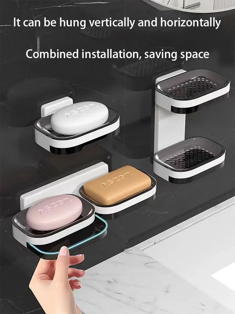 No-Drill Double Layer Bathroom Storage Rack with Drainage – Wall Mounted Soap Holder & Organizer