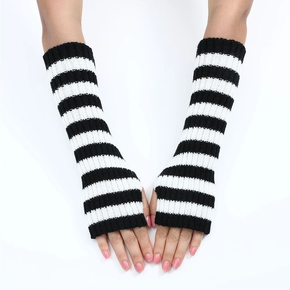 Gothic Striped Fingerless Arm Warmers - Harajuku Y2K Knit Sleeves
