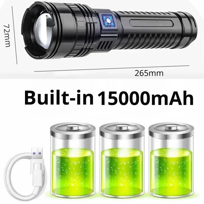 Ultra Bright Rechargeable LED Flashlight with 15000mAh Battery and Tail Light