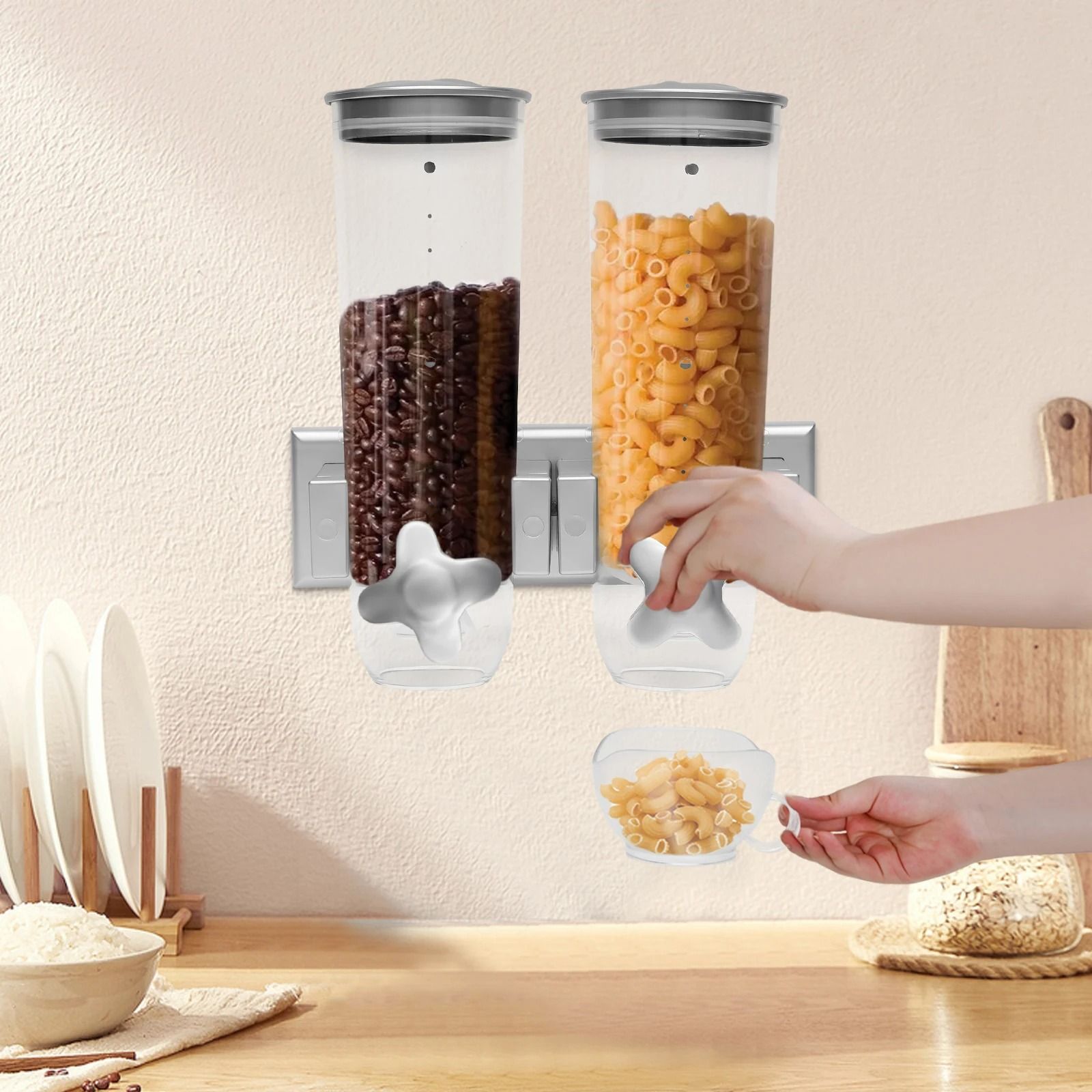 Wall-Mounted Dual-Bucket Food Dispenser with 3L Capacity and Portion Control for Grains and Rice
