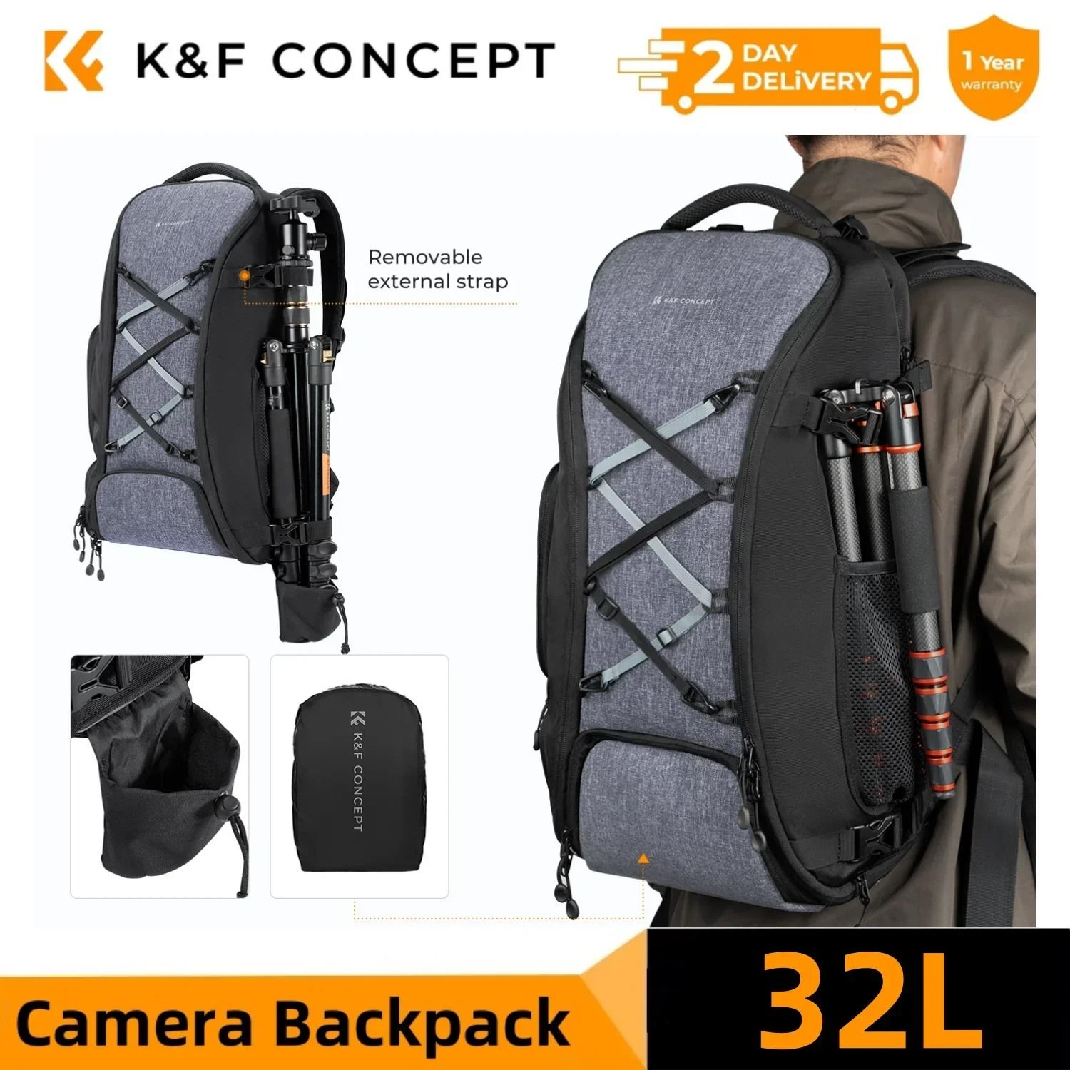 K and F Concept Large Camera Backpack 25L 32L with Laptop Sleeve Tripod Strap and Rain Cover
