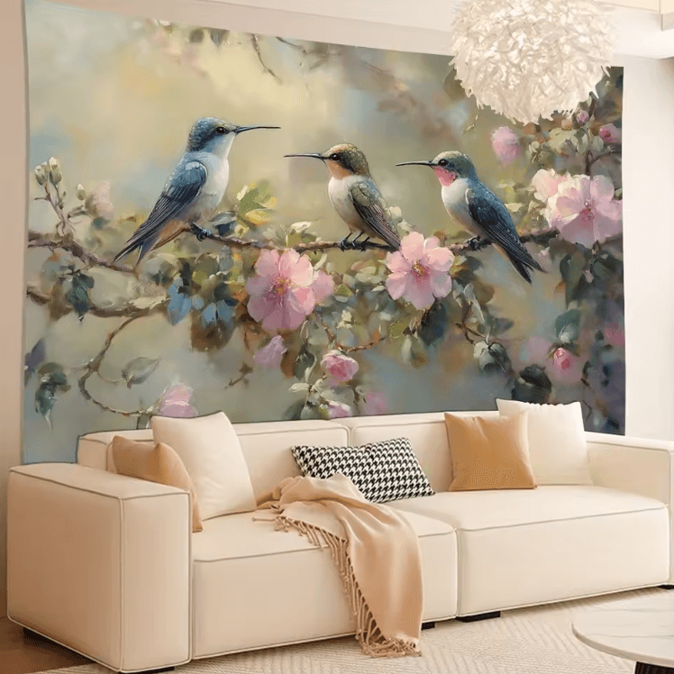 Vibrant Hummingbird Floral Wall Tapestry – Elegant Feathered Nature Art for Home Decor