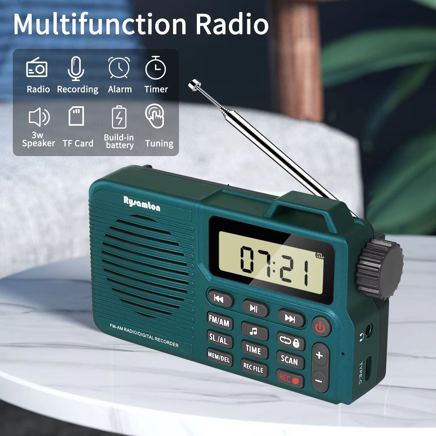 EchoLite Portable AM/FM Bluetooth Radio with Bass Speaker & Recording