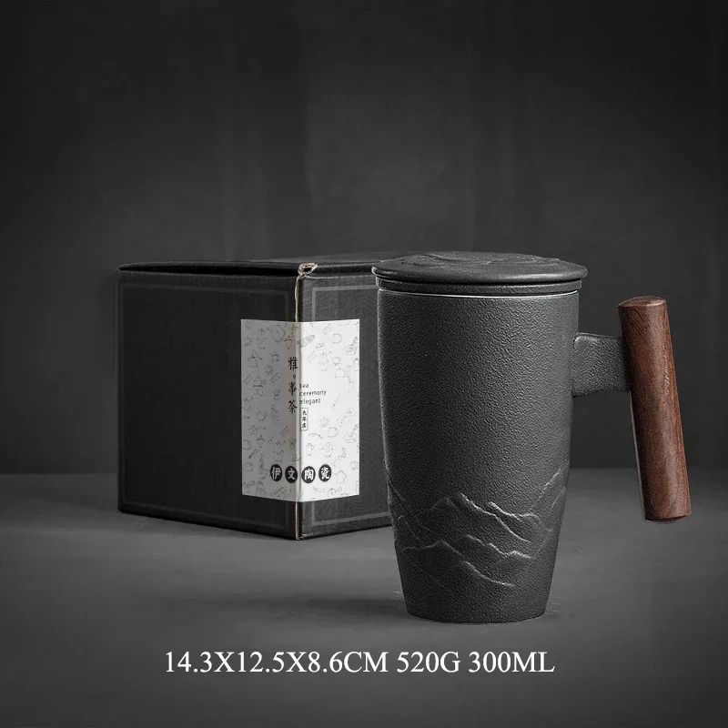 Retro Ceramic Mug with Wooden Handle and Lid